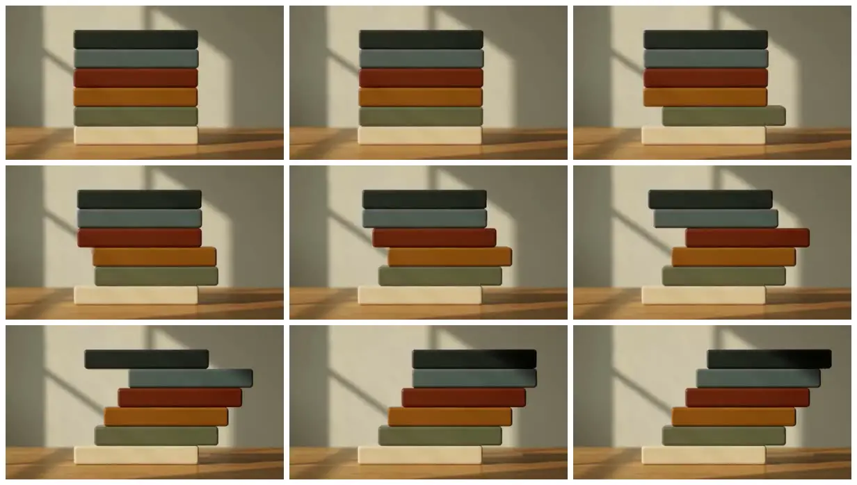 Nine frames from across Colored blocks form a staircase