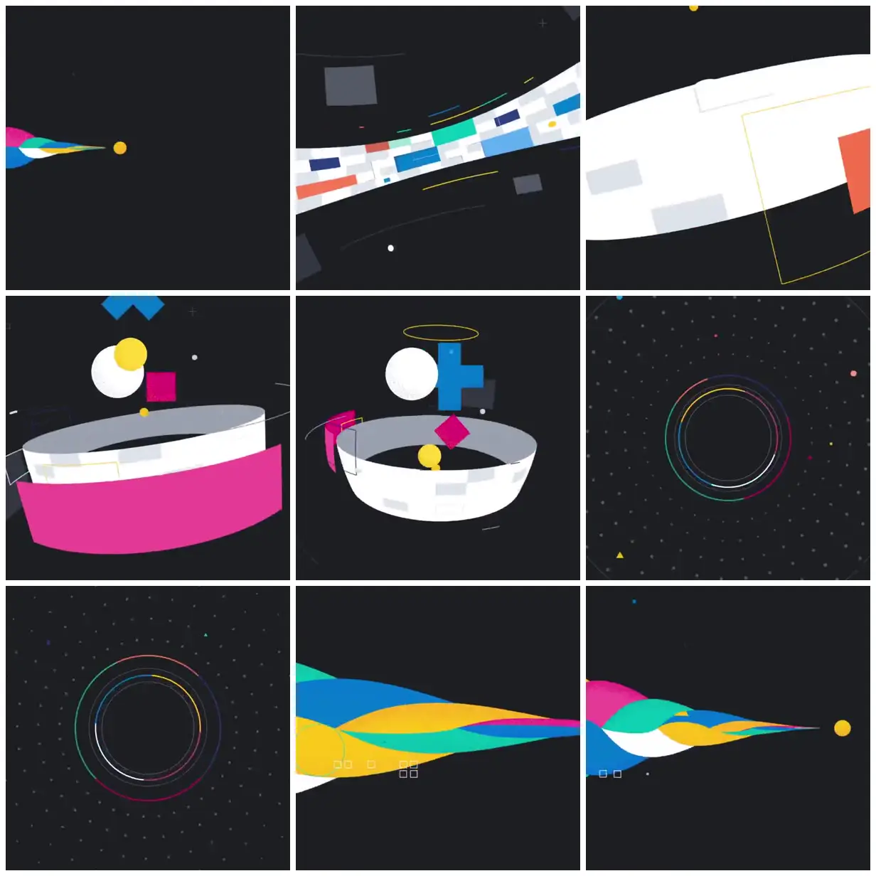 Nine frames from across Colorful shapes and ribbon worlds