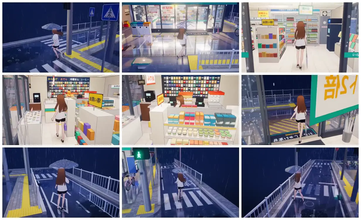 Nine frames from across Convenience store on a rainy night