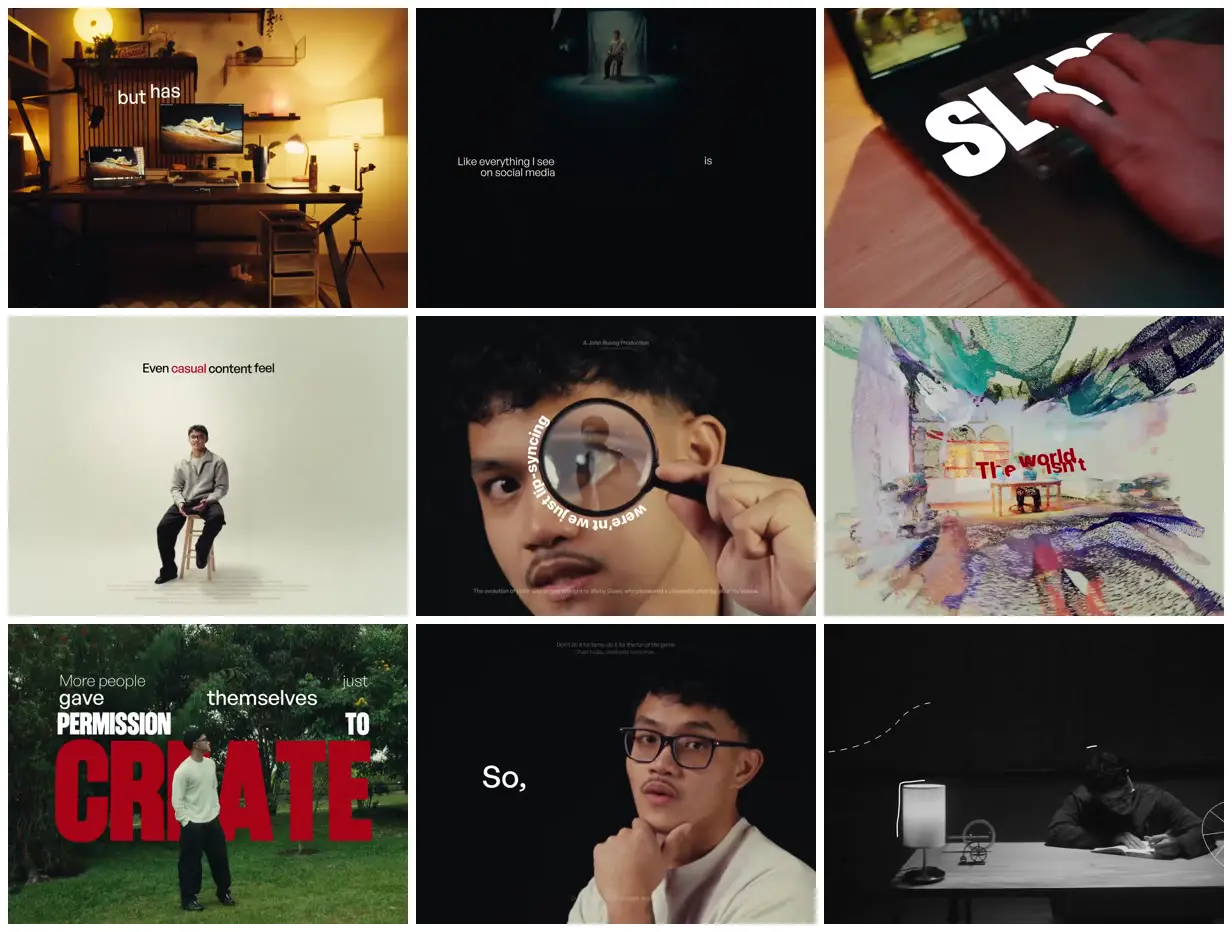 Nine frames from across Creative permission in bold type