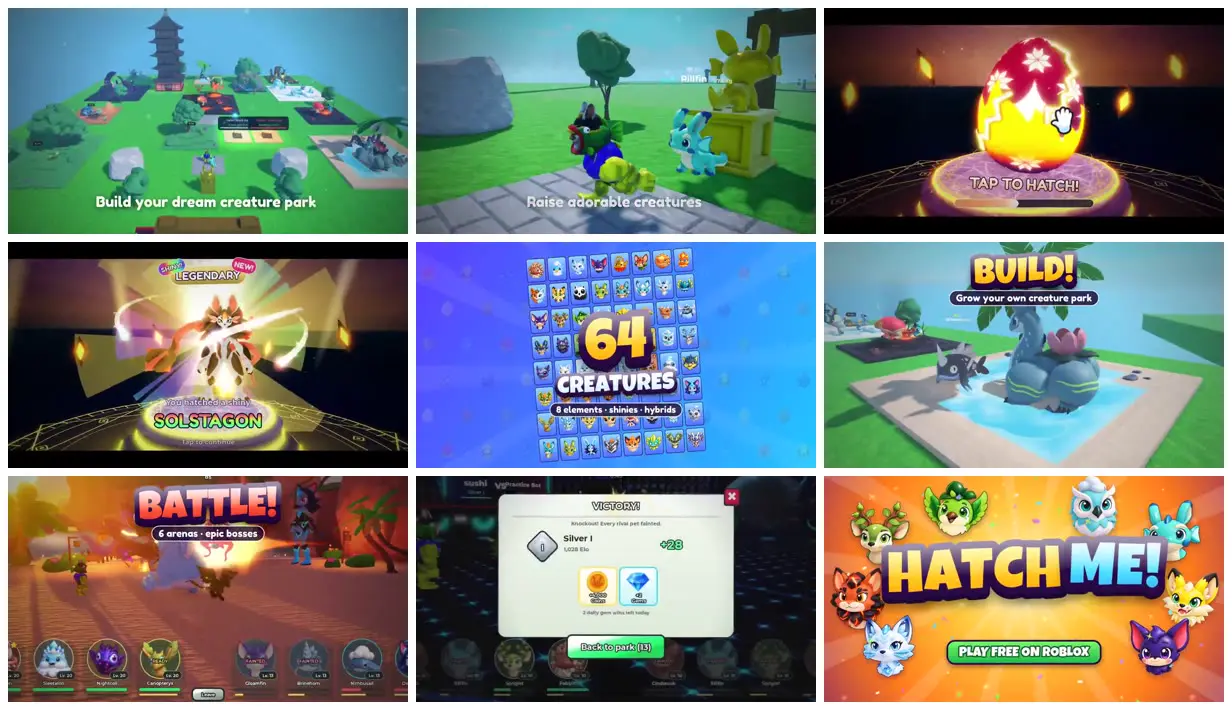 Nine frames from across Creature park and glowing egg reveal