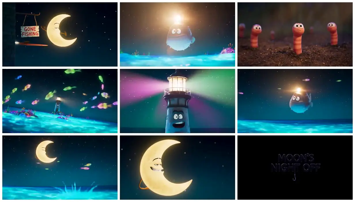 Nine frames from across Crescent moon and the glowing anglerfish