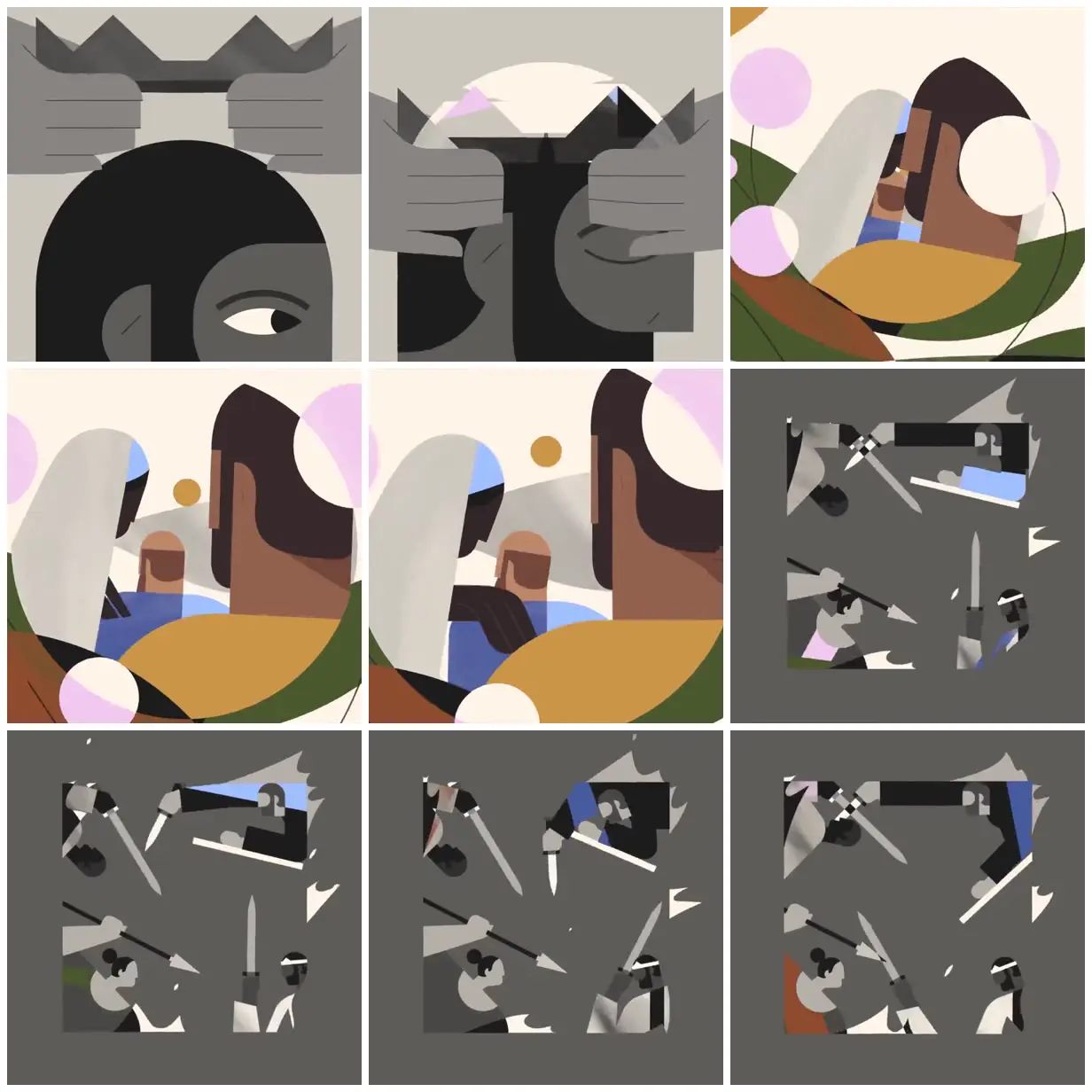Nine frames from across Crowns, families, and rival figures