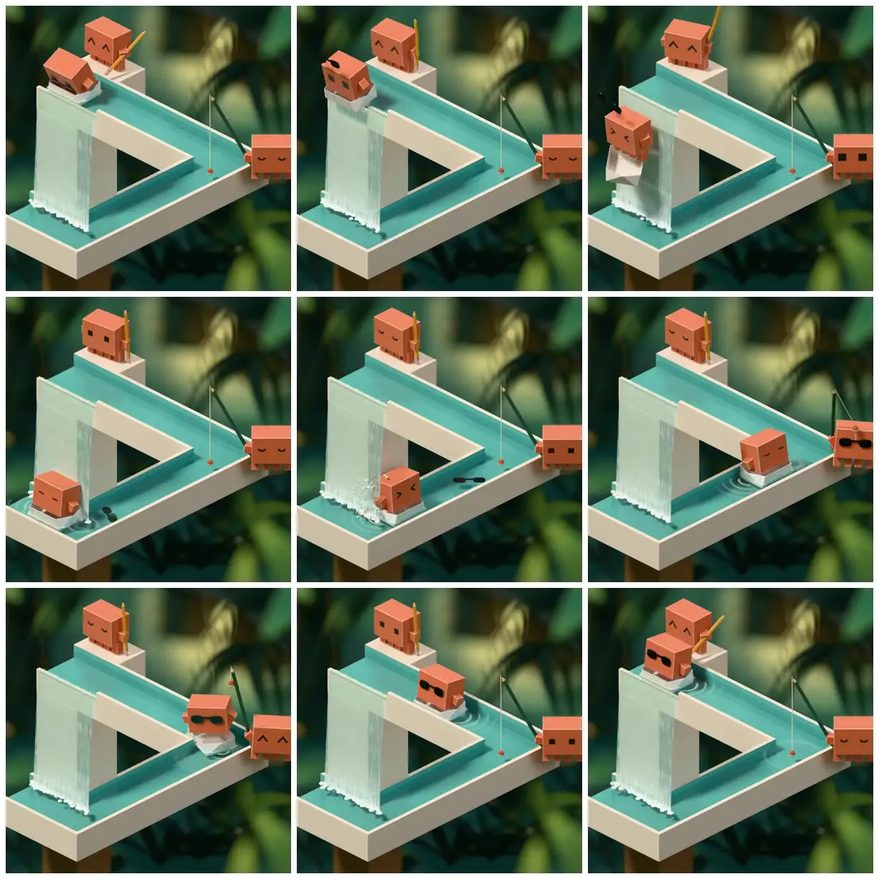 Nine frames from across Cube characters on a triangle waterway