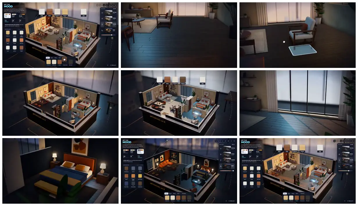 Nine frames from across Cutaway apartment with mood palettes
