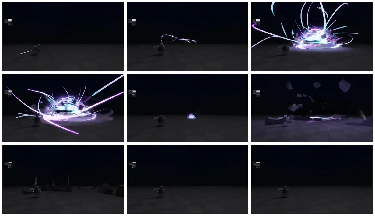 Nine frames from across Cyan and violet energy impact