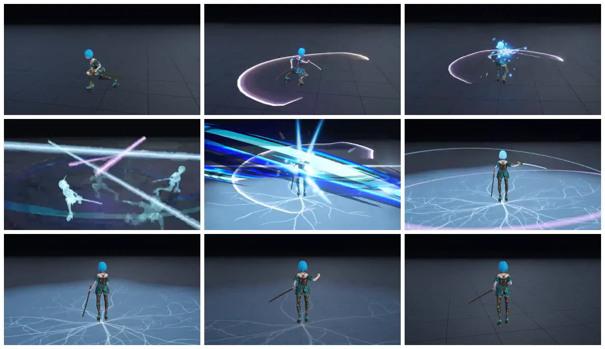 Nine frames from across Cyan-haired swordswoman with light arcs