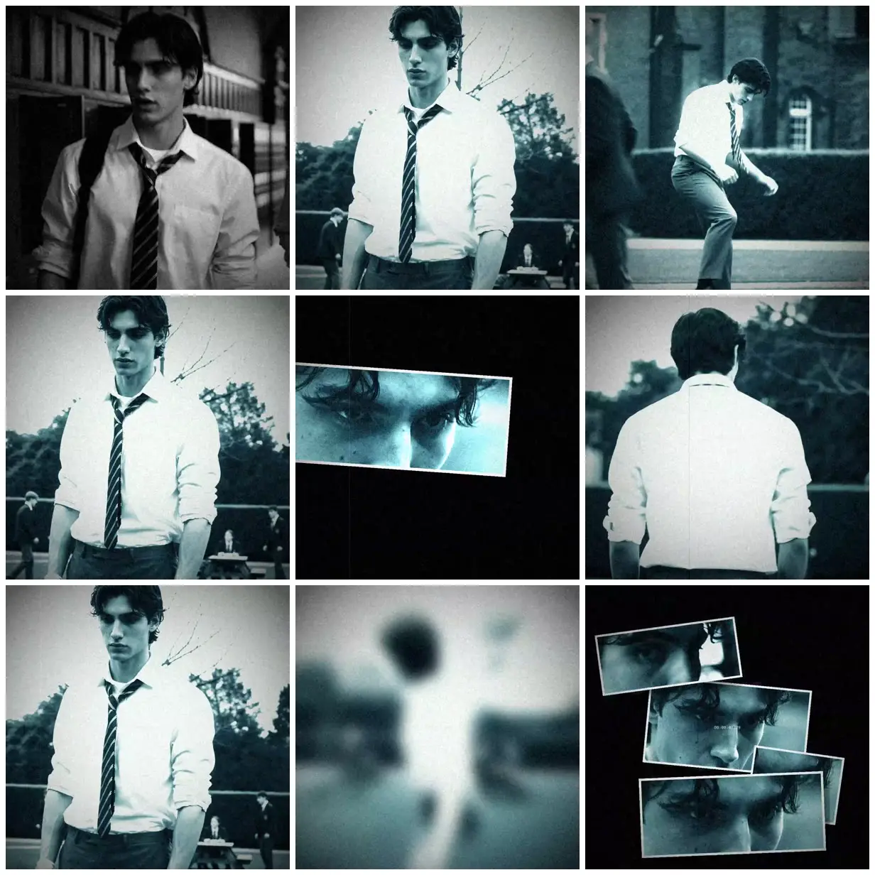 Nine frames from across Cyan-tinted courtyard portrait