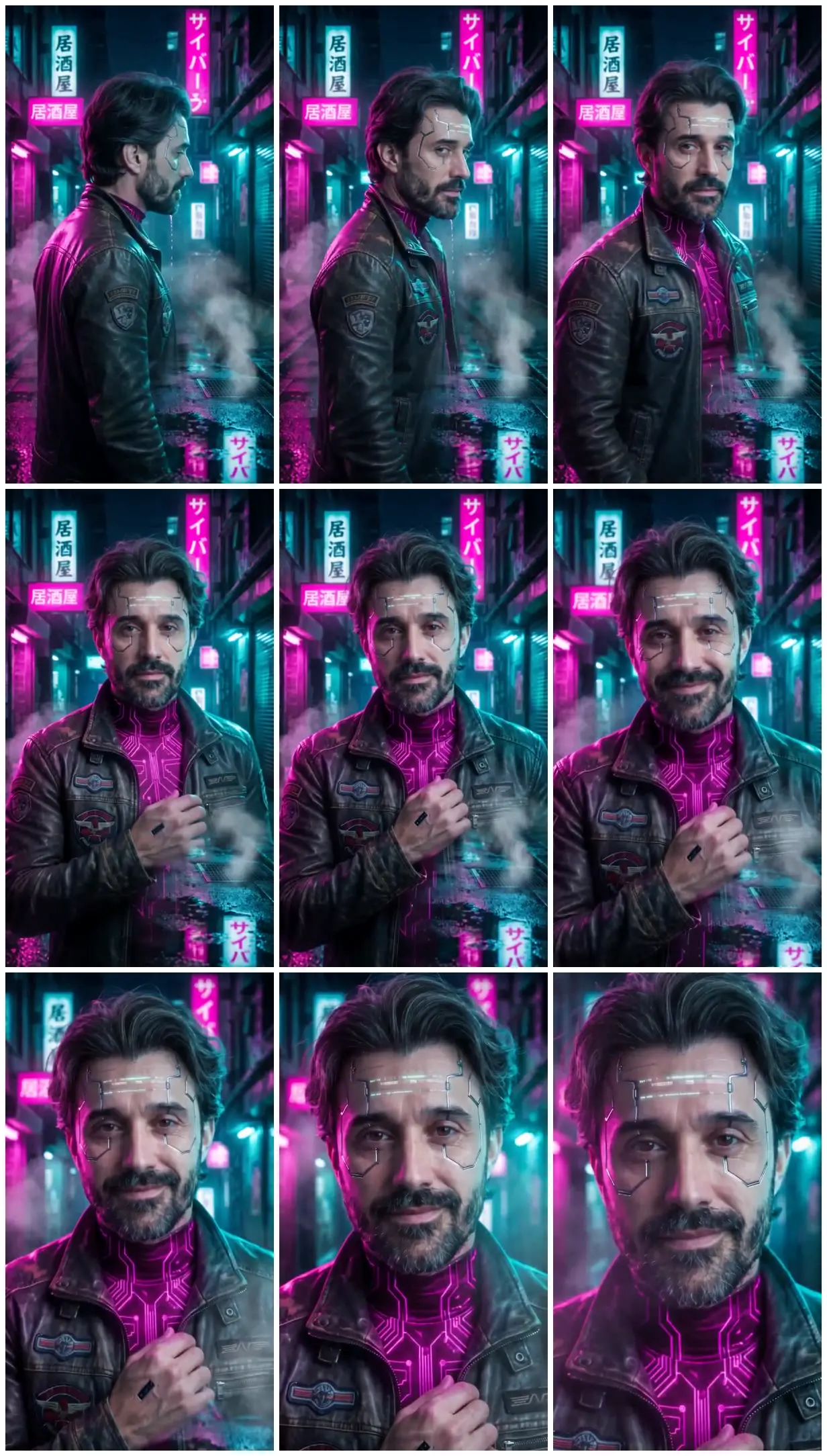 Nine frames from across Cybernetic portrait in a neon alley