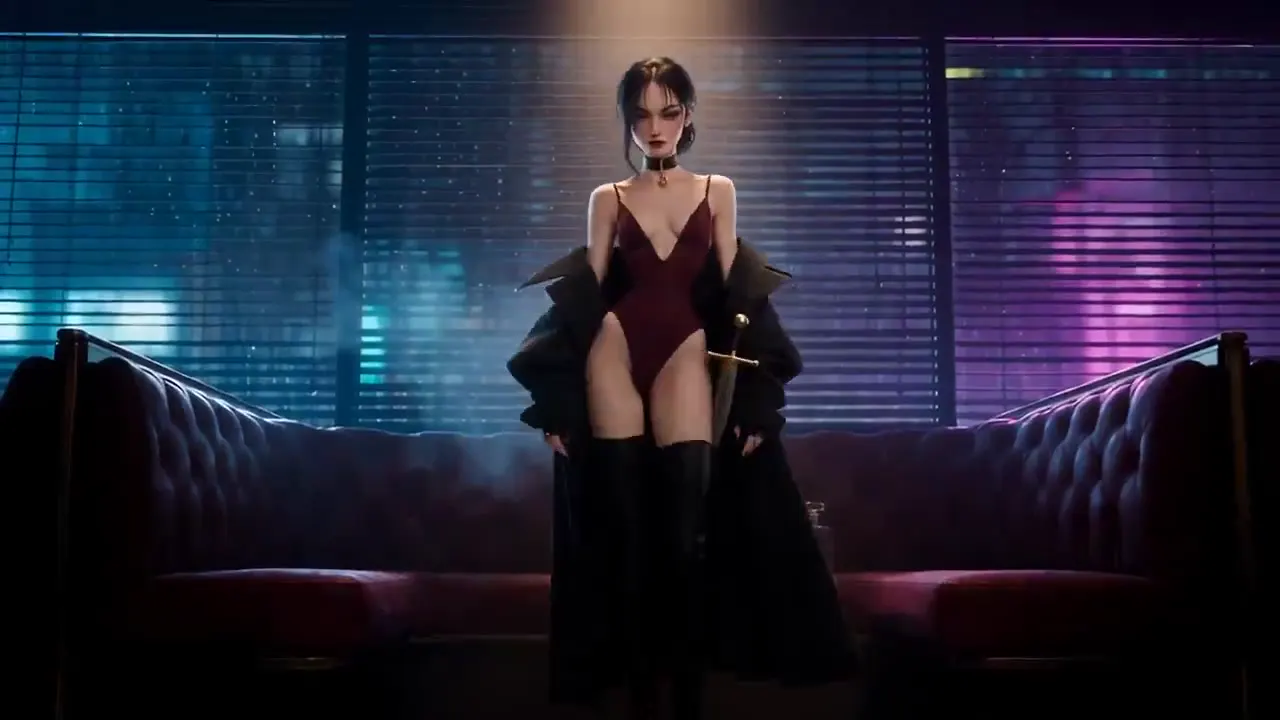 Frame from Dagger bearer in a neon lounge