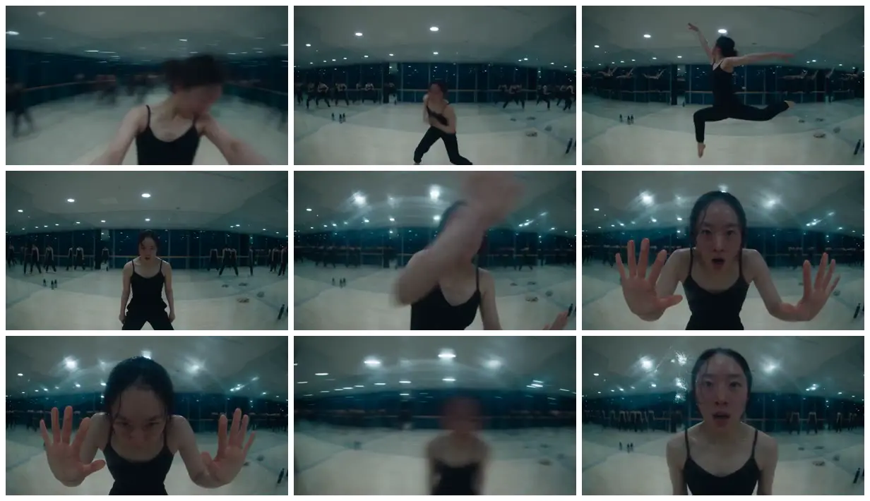 Nine frames from across Dancer in a mirrored night studio