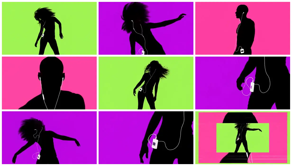 Nine frames from across Dancer silhouettes on neon fields