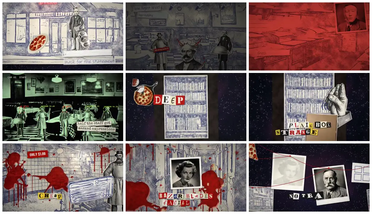 Nine frames from across Deep dish pizza parlor collage