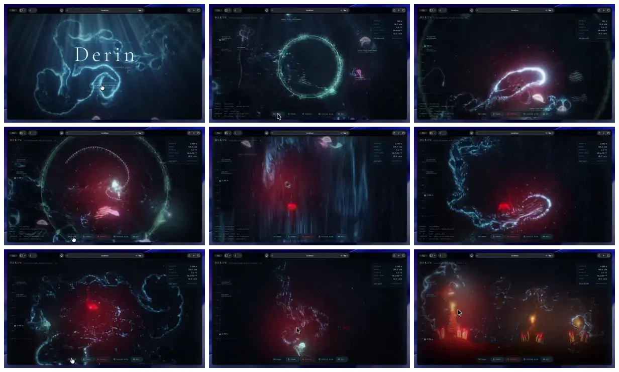 Nine frames from across Derin luminous underwater simulation