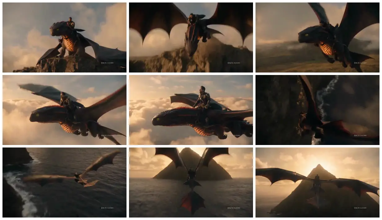 Nine frames from across Dragon rider above a golden coast
