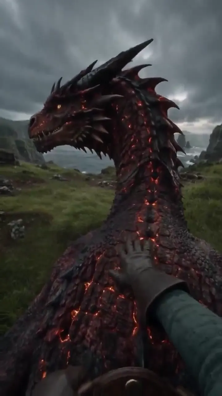 Frame from Dragon rider above a stormy coast