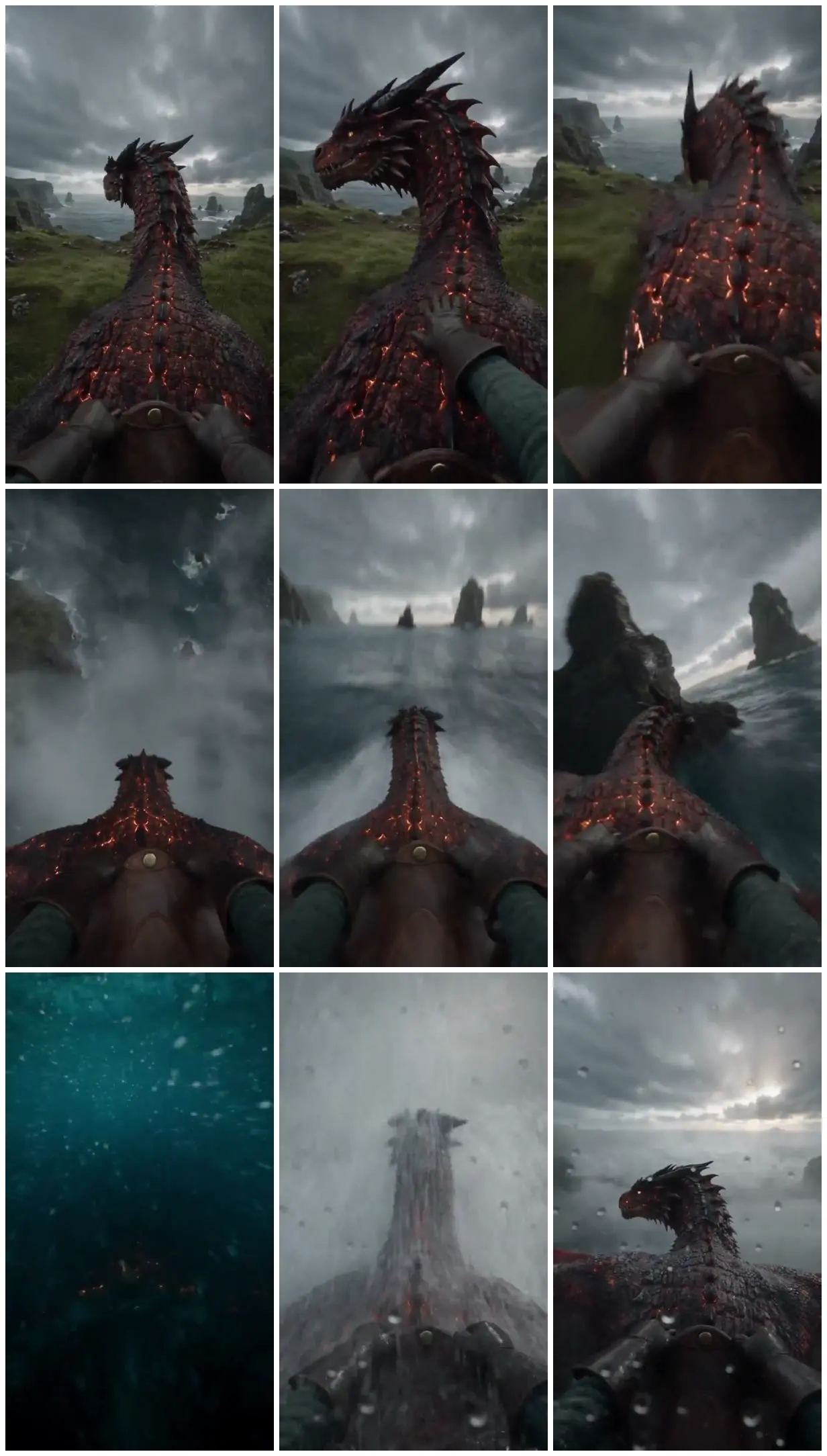 Nine frames from across Dragon rider above a stormy coast