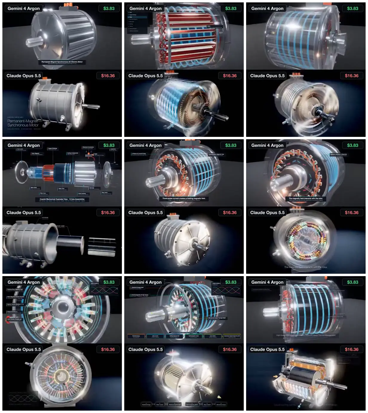 Nine frames from across Electric motor cutaways and field diagrams