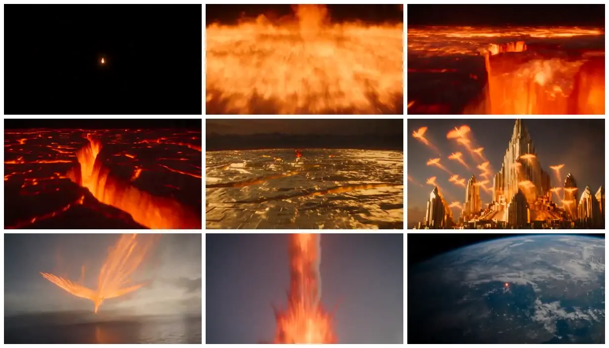 Nine frames from across Ember, golden temples and firebirds