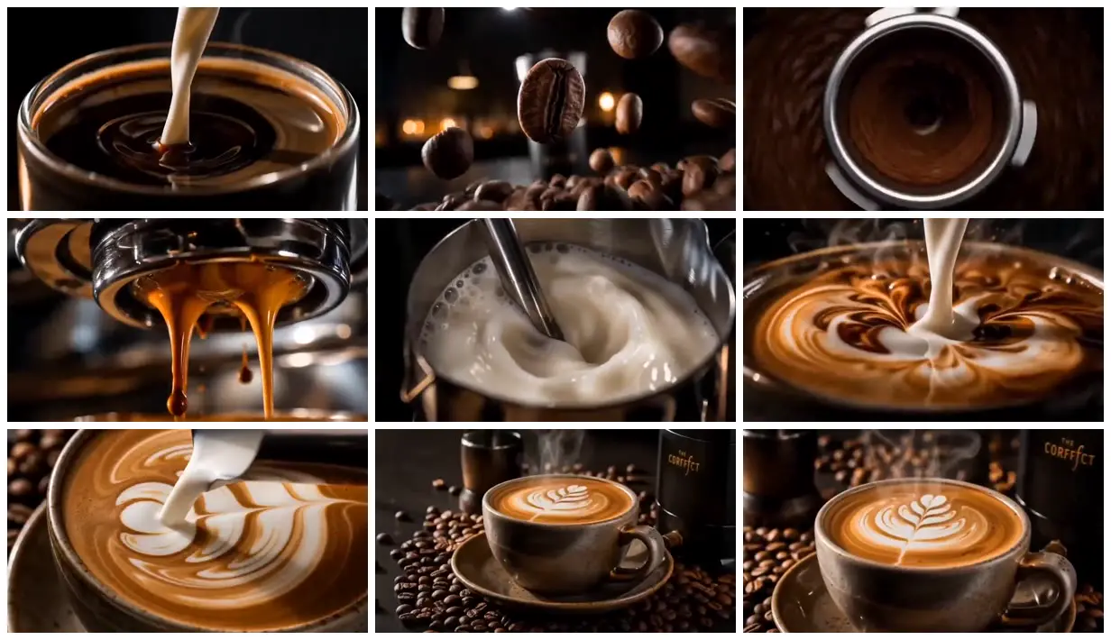 Nine frames from across Espresso, milk and a finished latte
