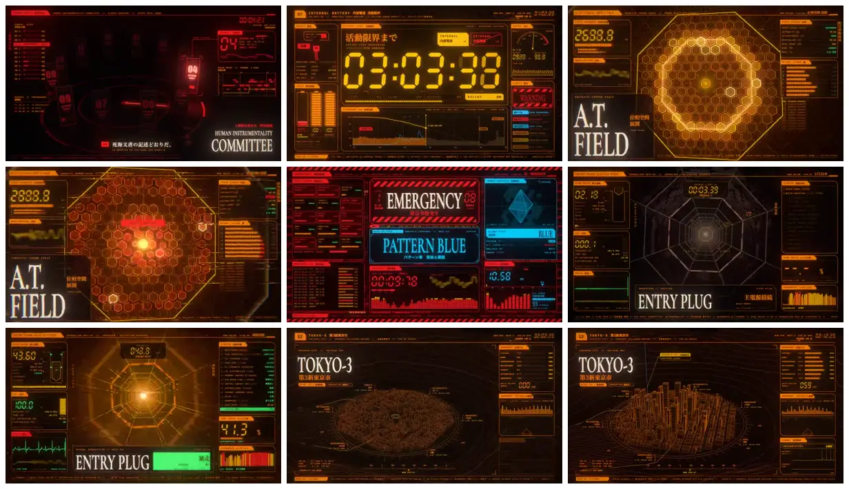 Nine frames from across Evangelion instrument panels