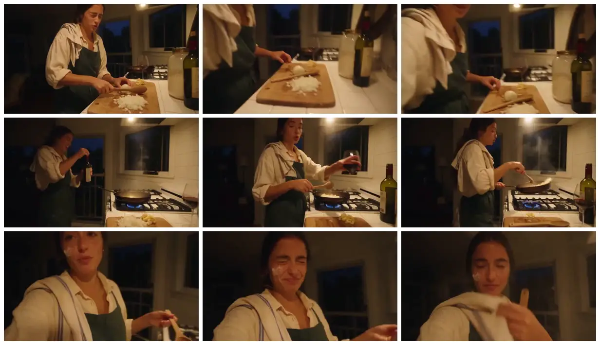 Nine frames from across Evening cooking in a warm kitchen