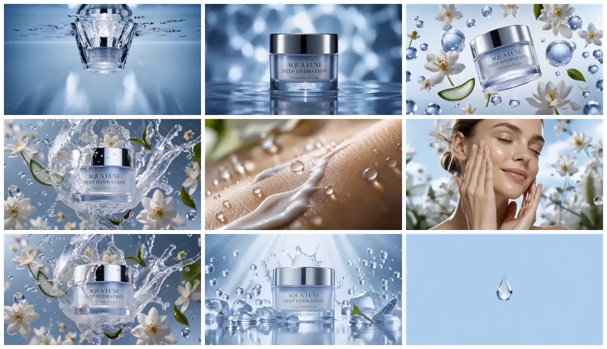 Nine frames from across Face cream among water and blossoms