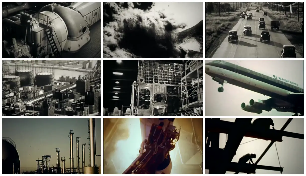 Nine frames from across Factories, flight and steelworkers