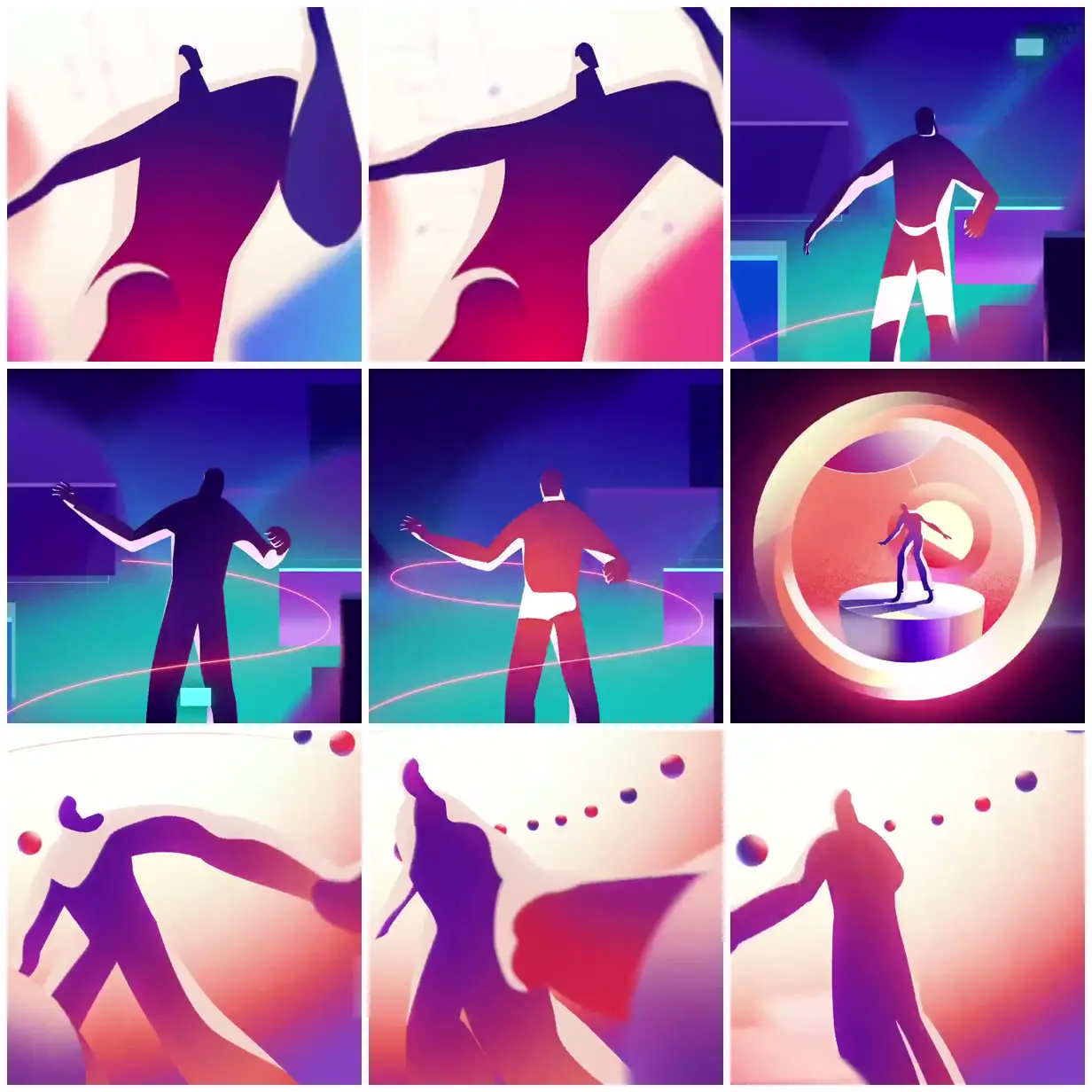 Nine frames from across Figure in luminous geometric spaces
