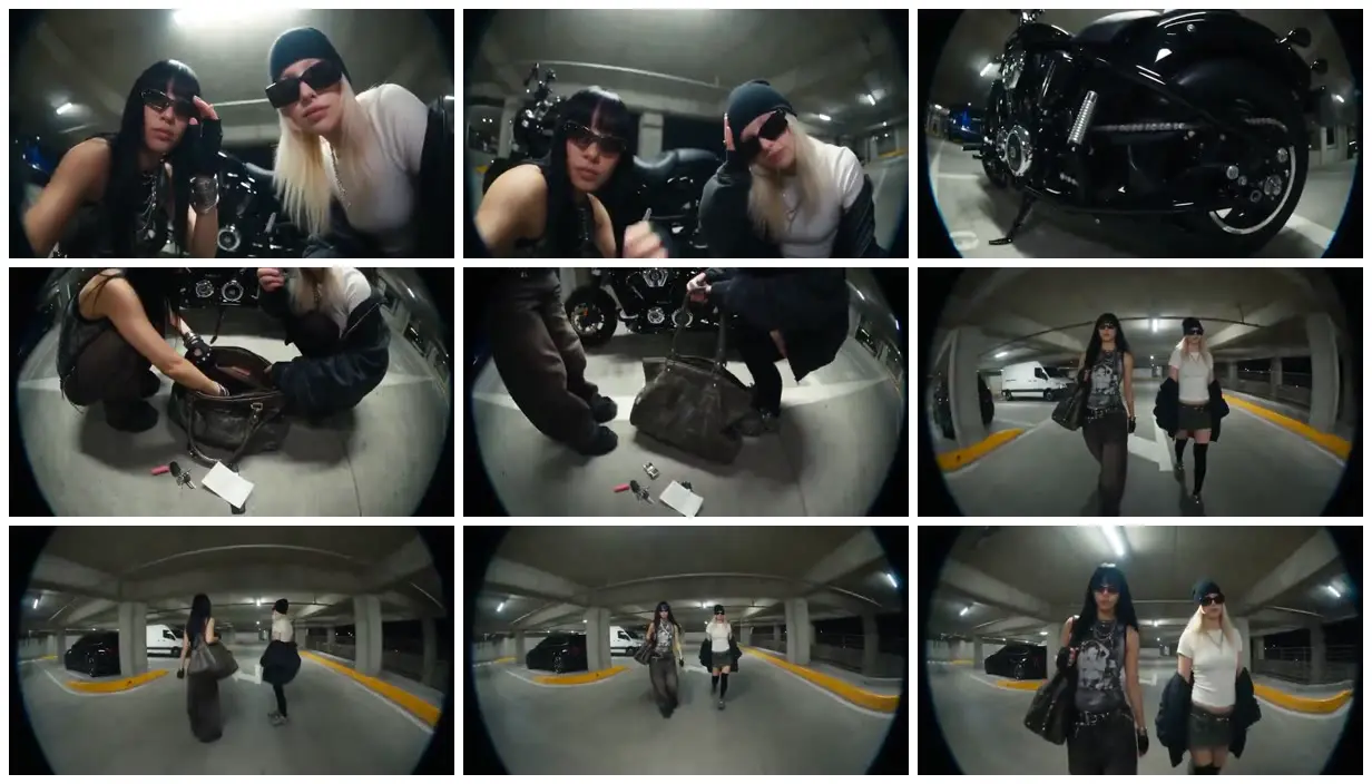 Nine frames from across Fisheye fashion in a parking garage