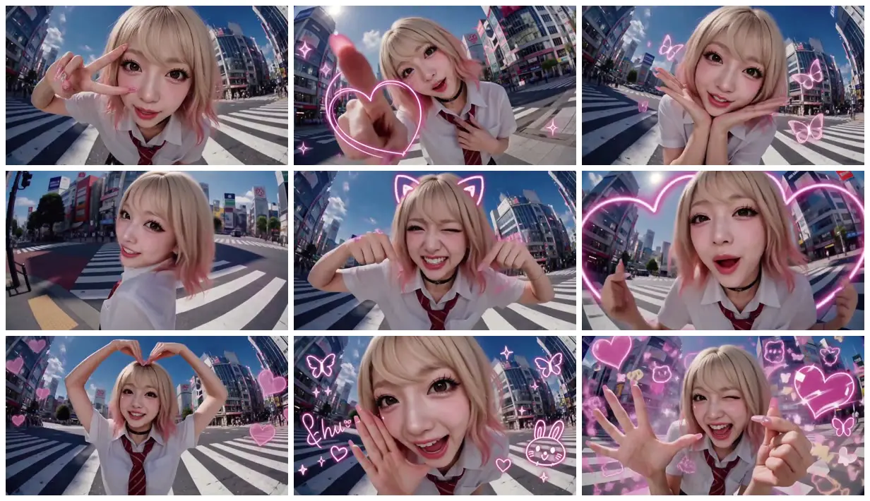 Nine frames from across Fisheye street portrait with pink doodles