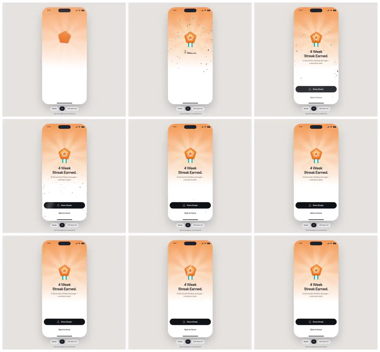 Nine frames from across Fitness streak badge celebration