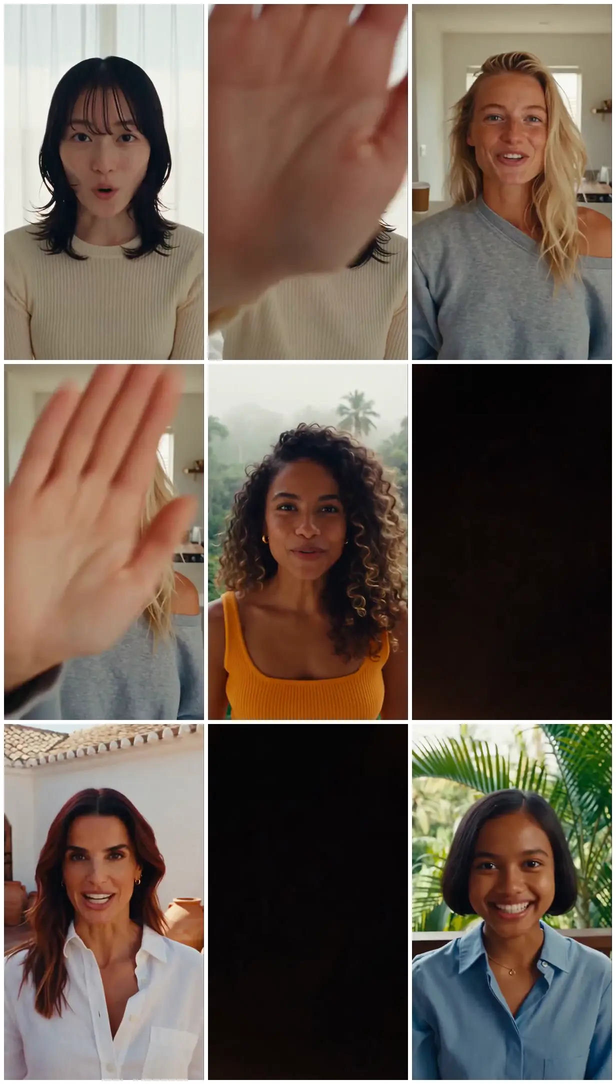 Nine frames from across Five portraits linked by palms