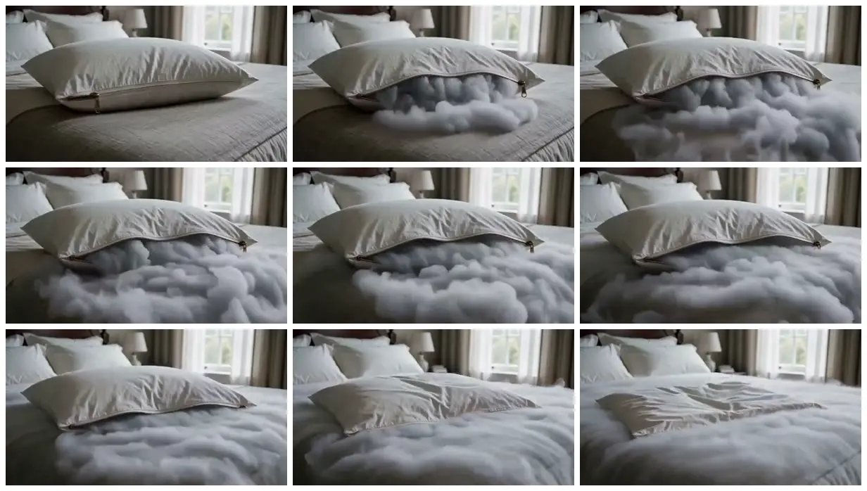 Nine frames from across Fog inside a zippered pillow