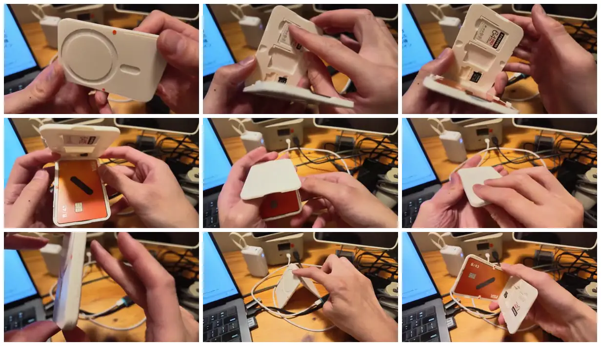 Nine frames from across Folding card holder with circular inset