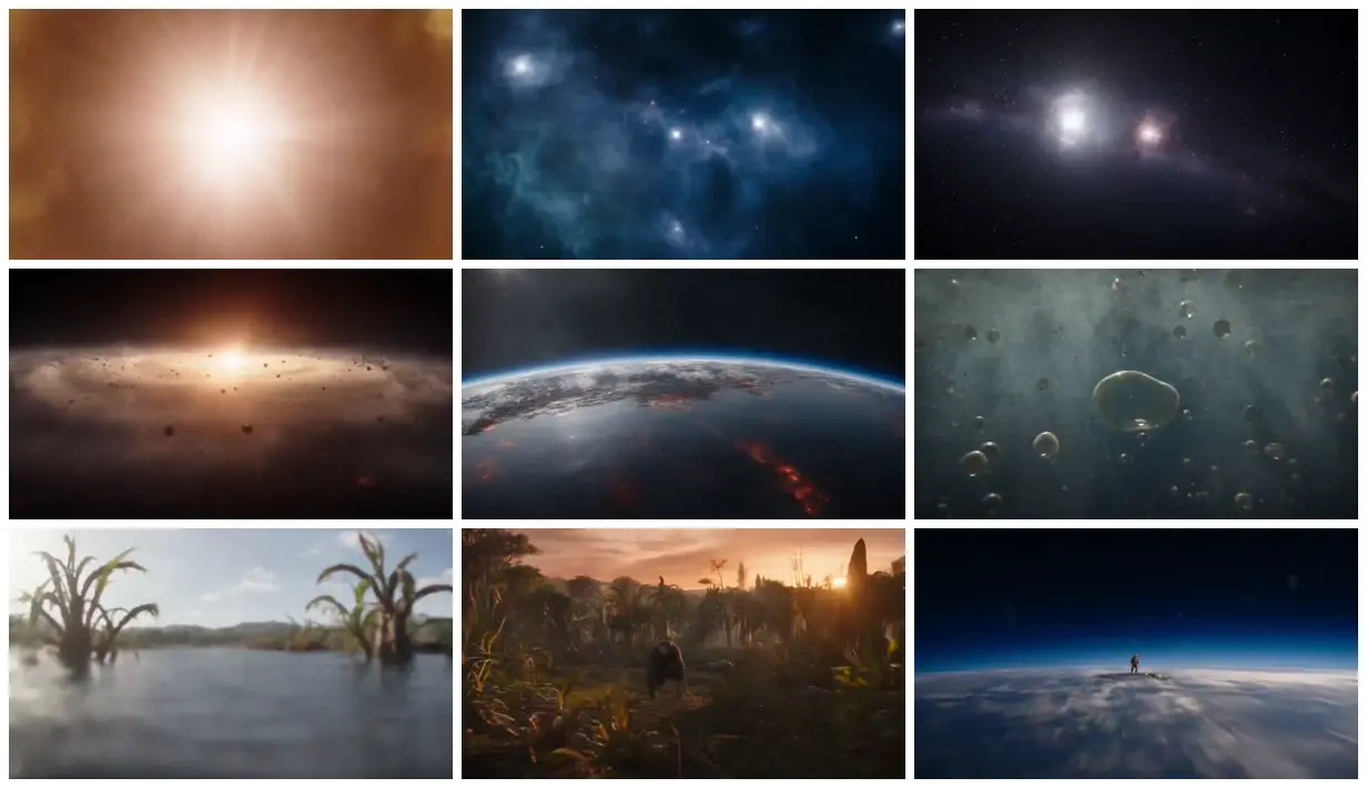 Nine frames from across From cosmic light to early life
