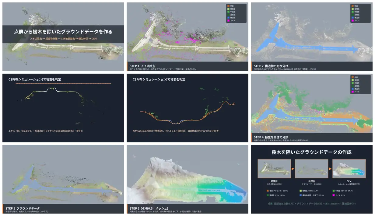 Nine frames from across From point cloud to bare-earth terrain