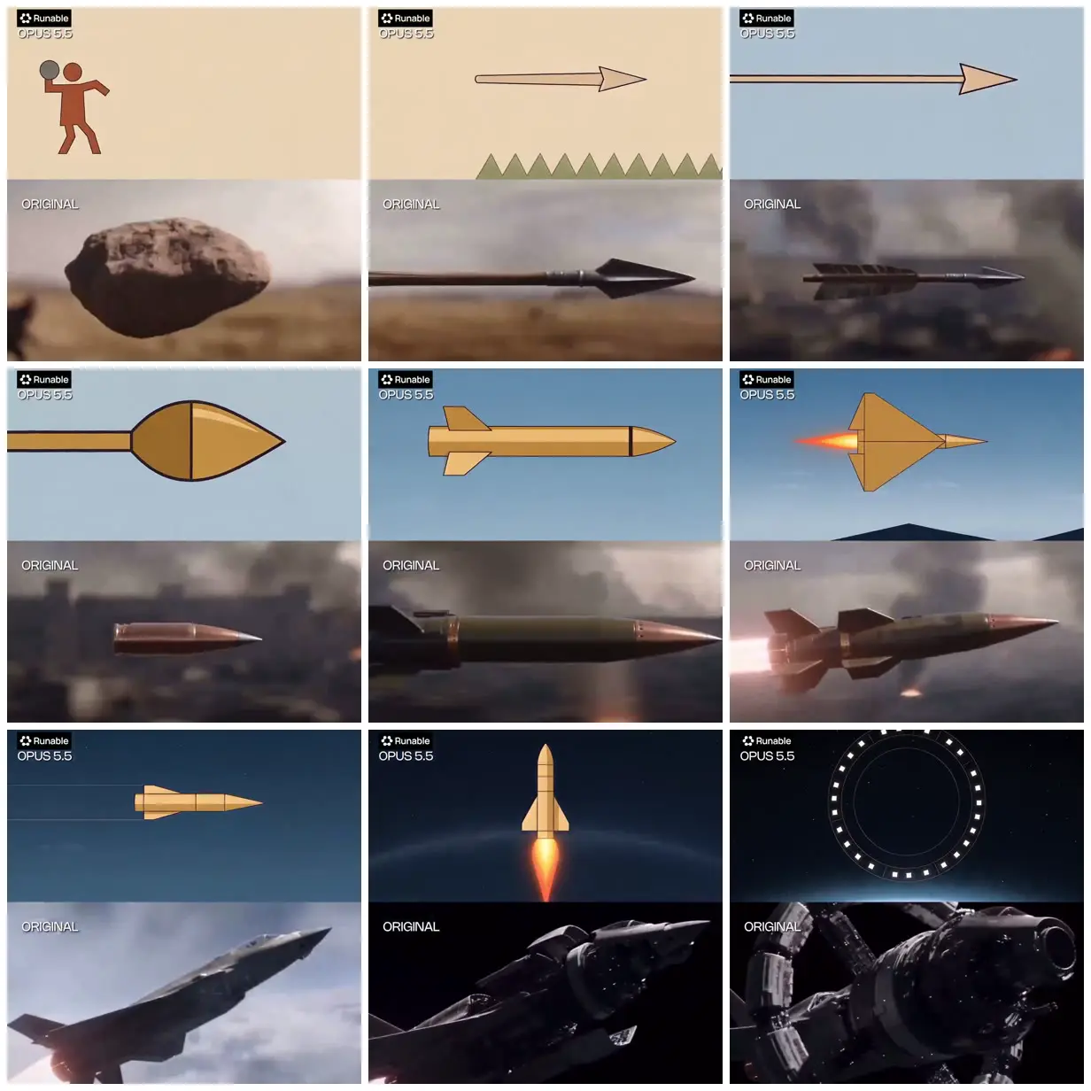Nine frames from across From stones to spacecraft