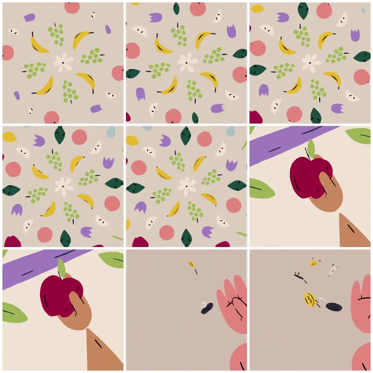 Nine frames from across Fruit, hands and generosity