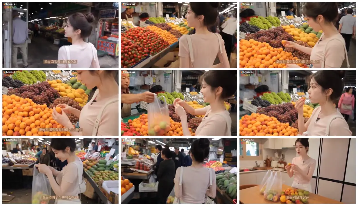 Nine frames from across Fruit market trip and kitchen haul