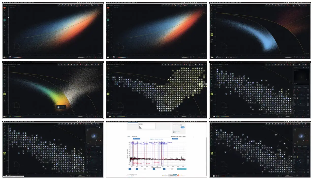 Nine frames from across Galaxy clouds and thumbnail plots
