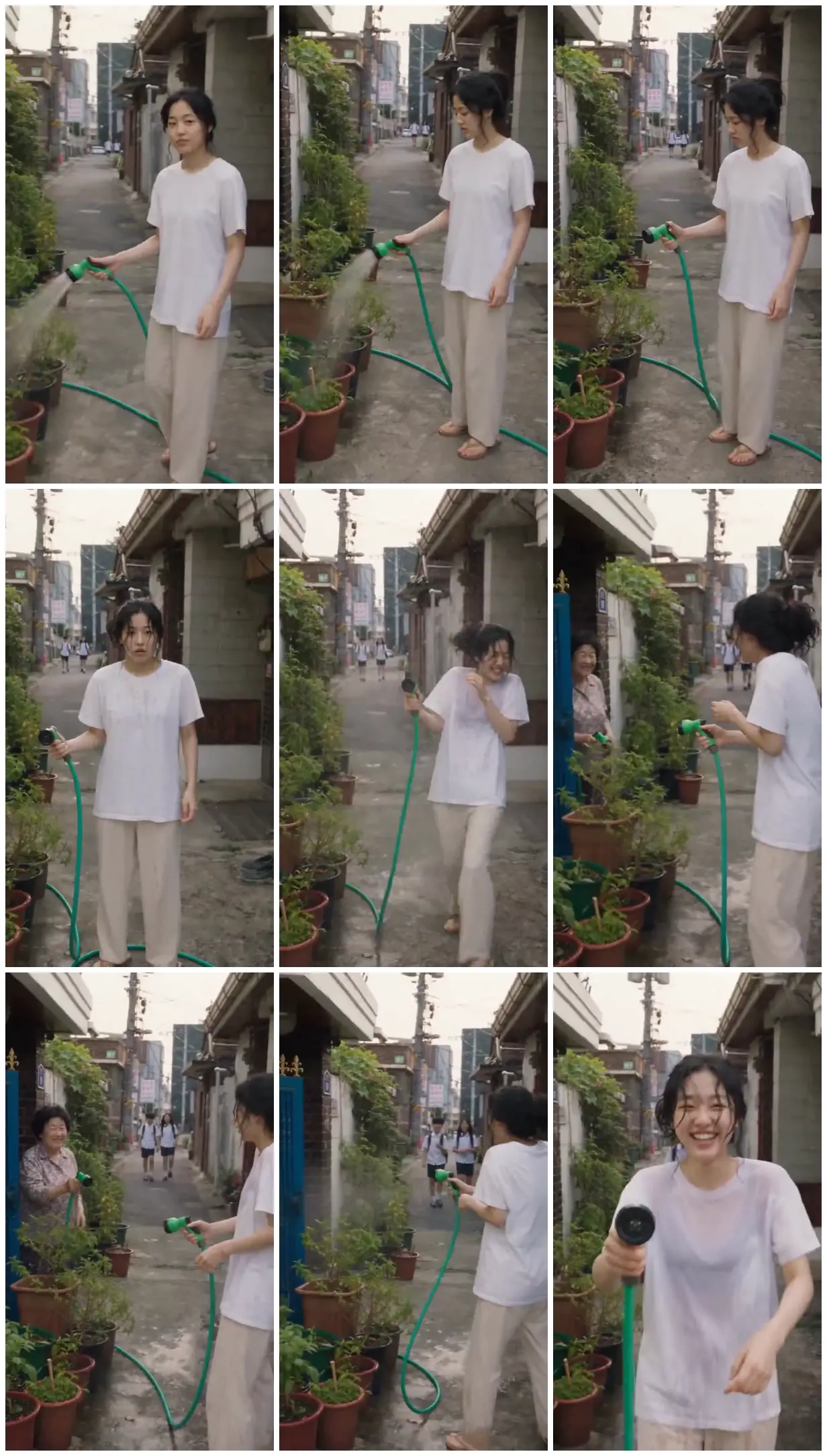 Nine frames from across Garden hose mishap in a narrow lane