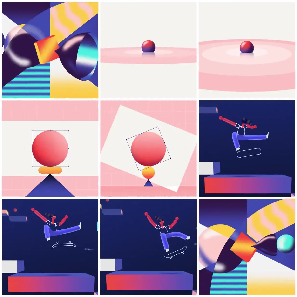 Nine frames from across Geometric forms and a skateboarder