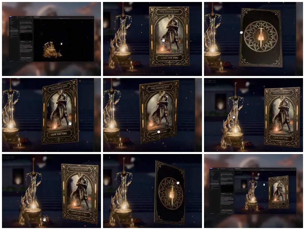Nine frames from across Gilded knight card and glowing sword