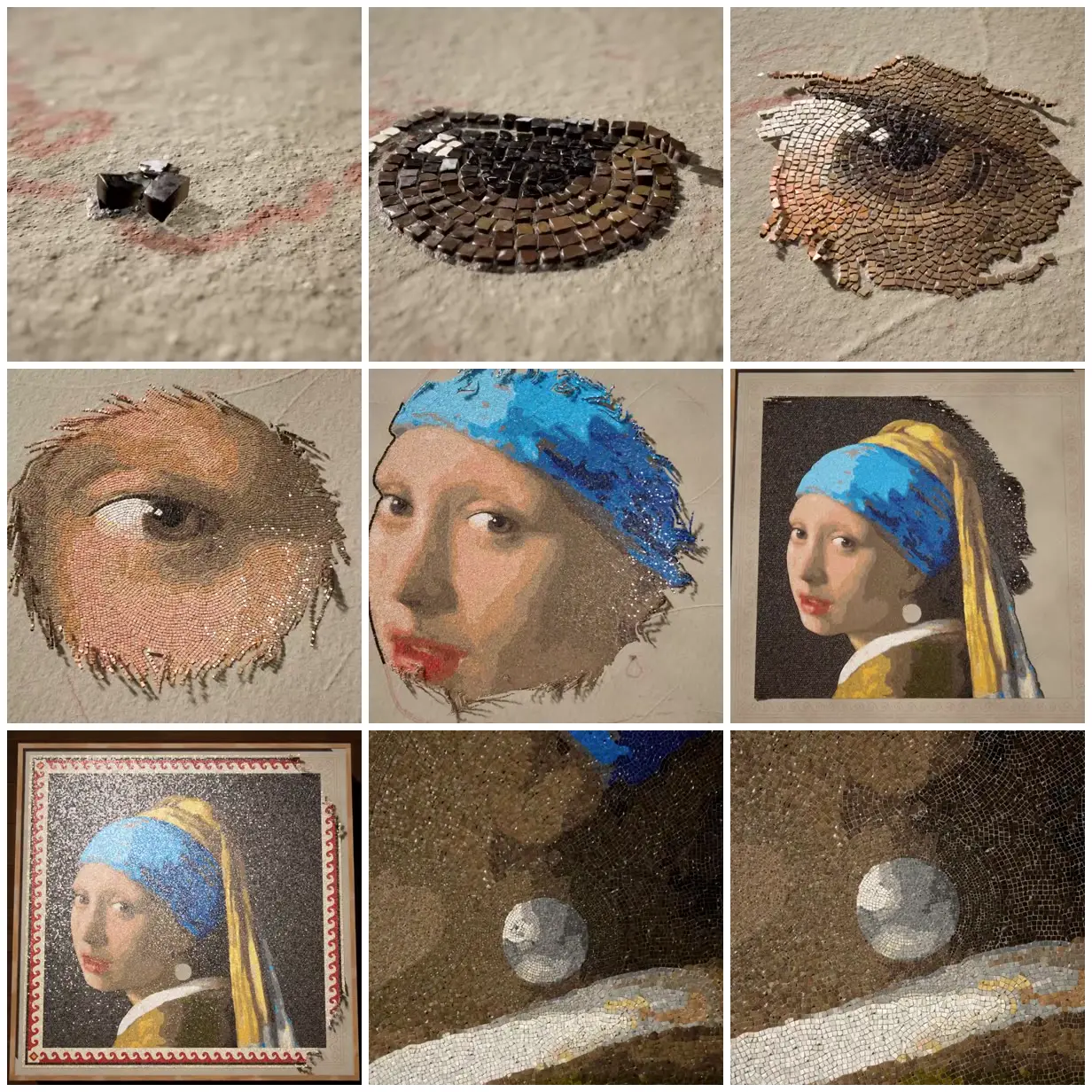 Nine frames from across Girl with a pearl earring in mosaic