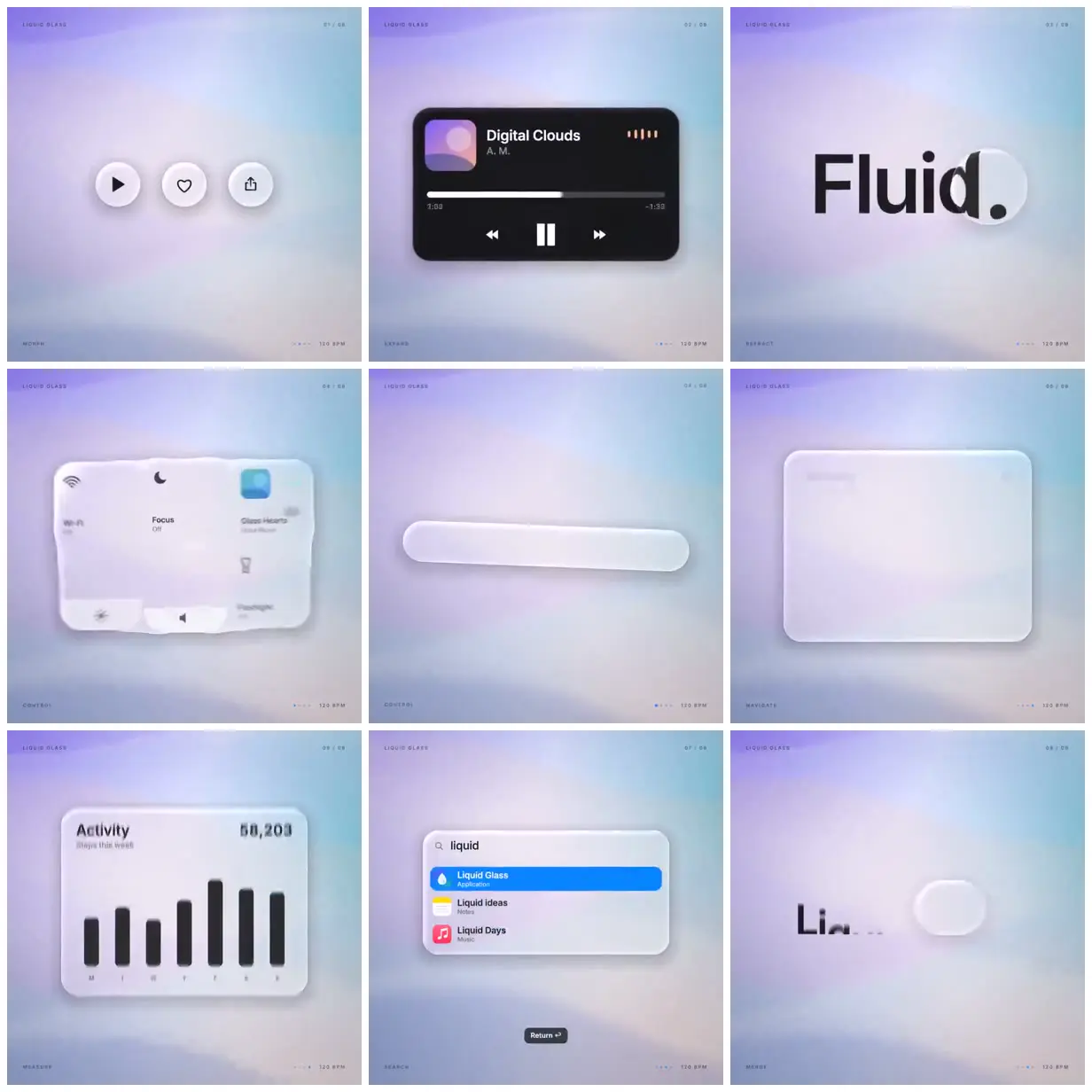 Nine frames from across Glass controls on a pastel field