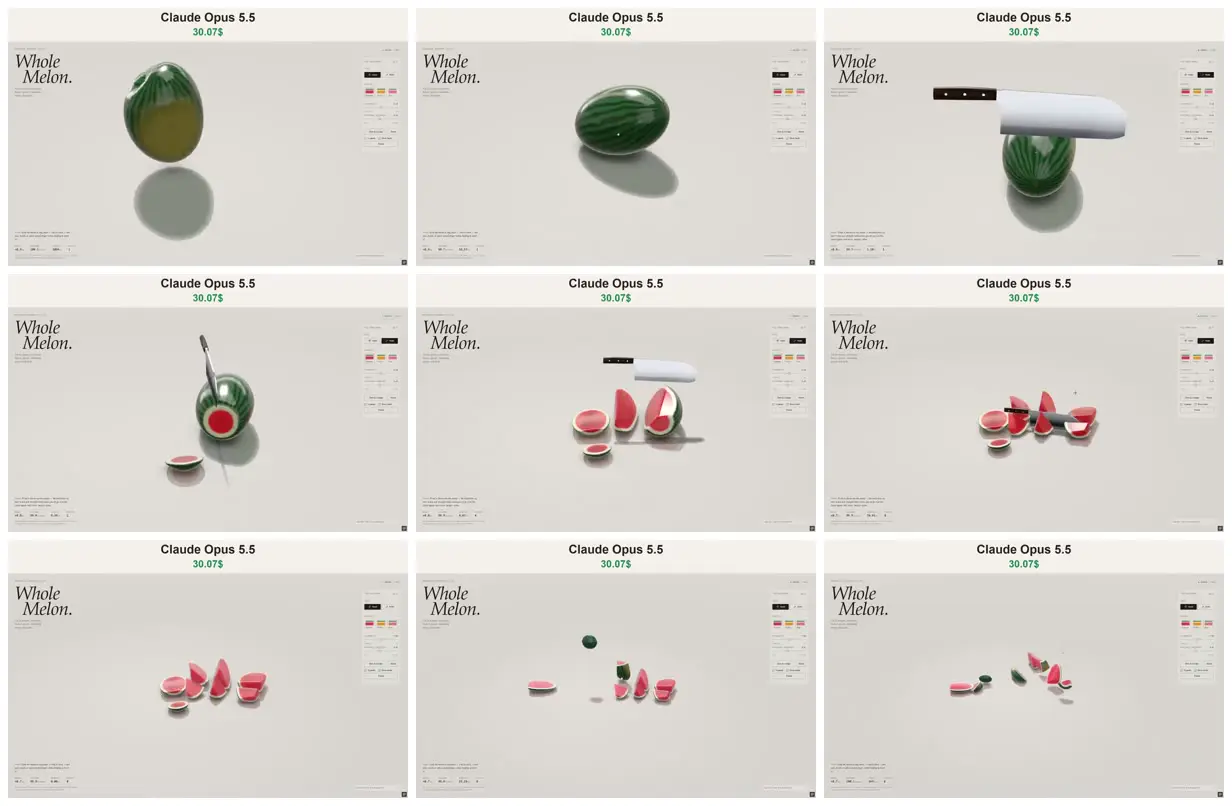 Nine frames from across Glossy watermelon cut into pieces