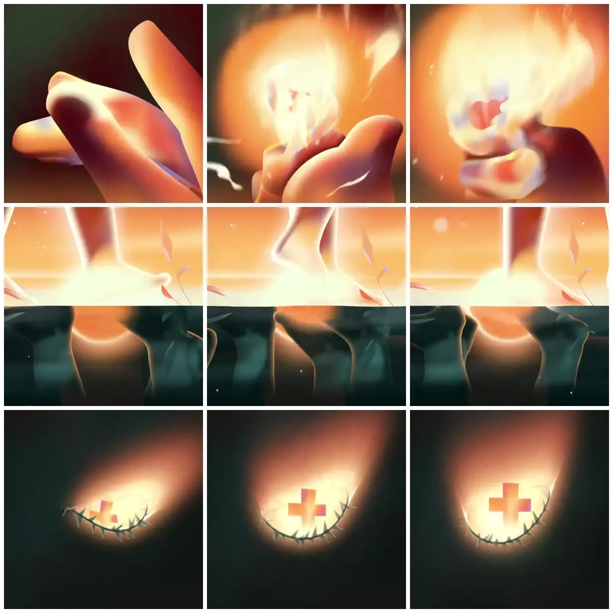 Nine frames from across Glowing hands, cross and crown of thorns
