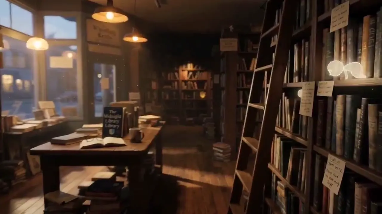 Frame from Glowing spirits among bookstore shelves