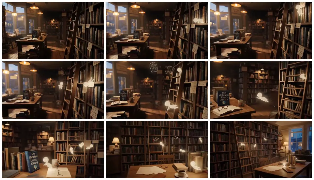 Nine frames from across Glowing spirits among bookstore shelves